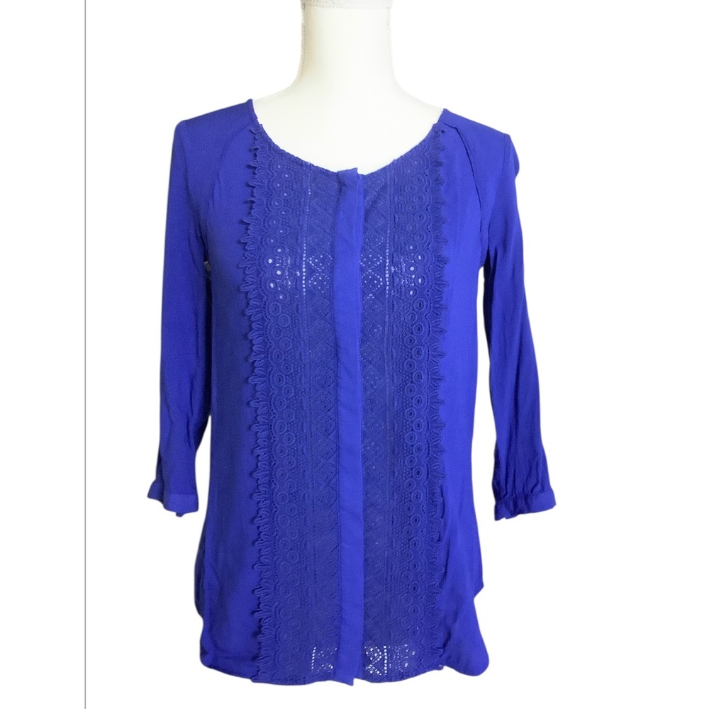 Anthropologie MAEVE Women's Royal Blue Lace Mesh Button-Up Long Sleeve Size 0